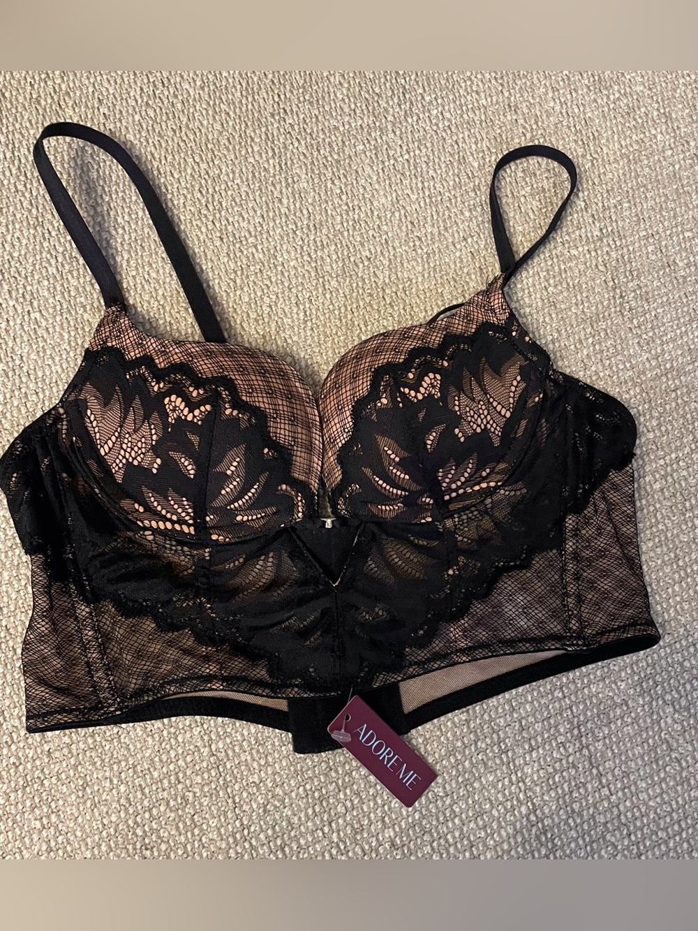 Adore Me Black Lace Longline Bra with Nude Underlay